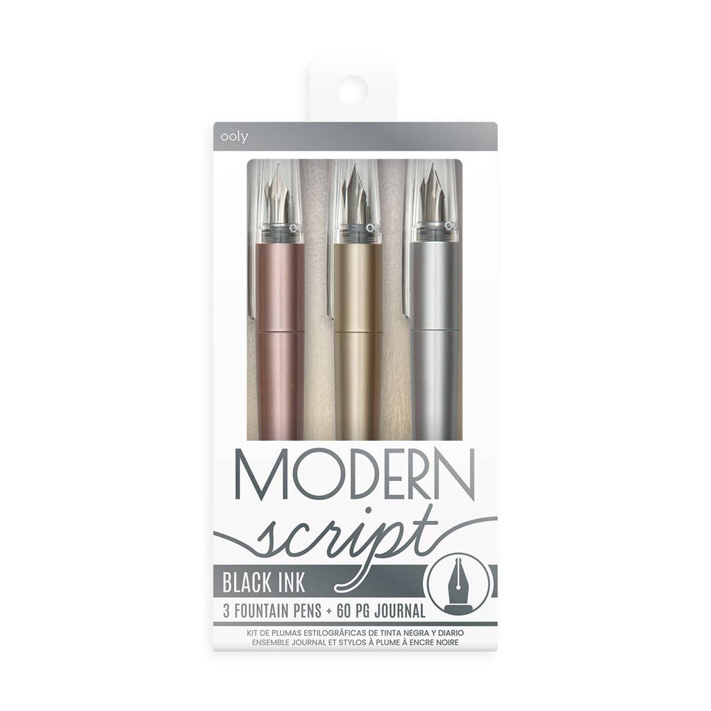 Modern Script: Black Ink Fountain Pens + Journal (4 PC Set)