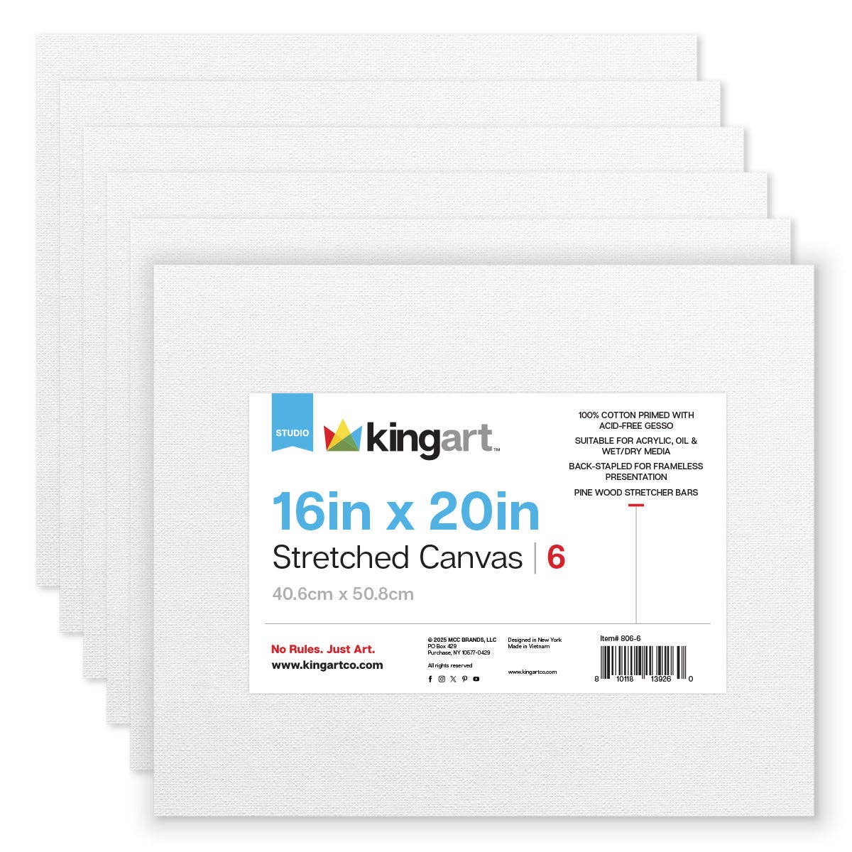 Stretched White Canvas - 16" x 20" - 6 Pack - 100% Cotton, Primed