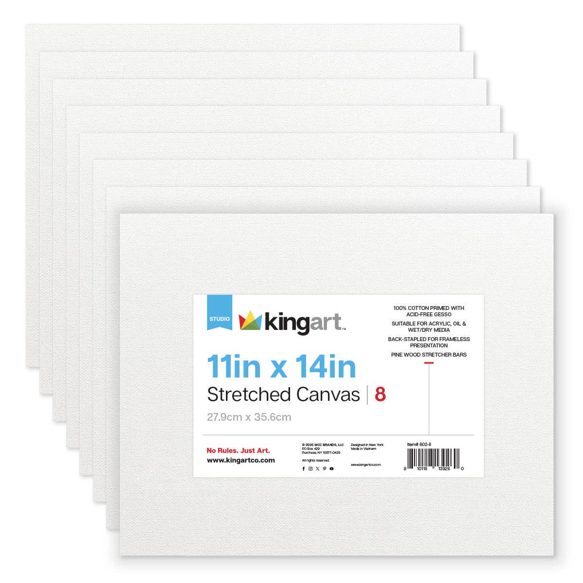 Stretched White Canvas - 11" x 14" - 8 Pack - 100% Cotton, Primed